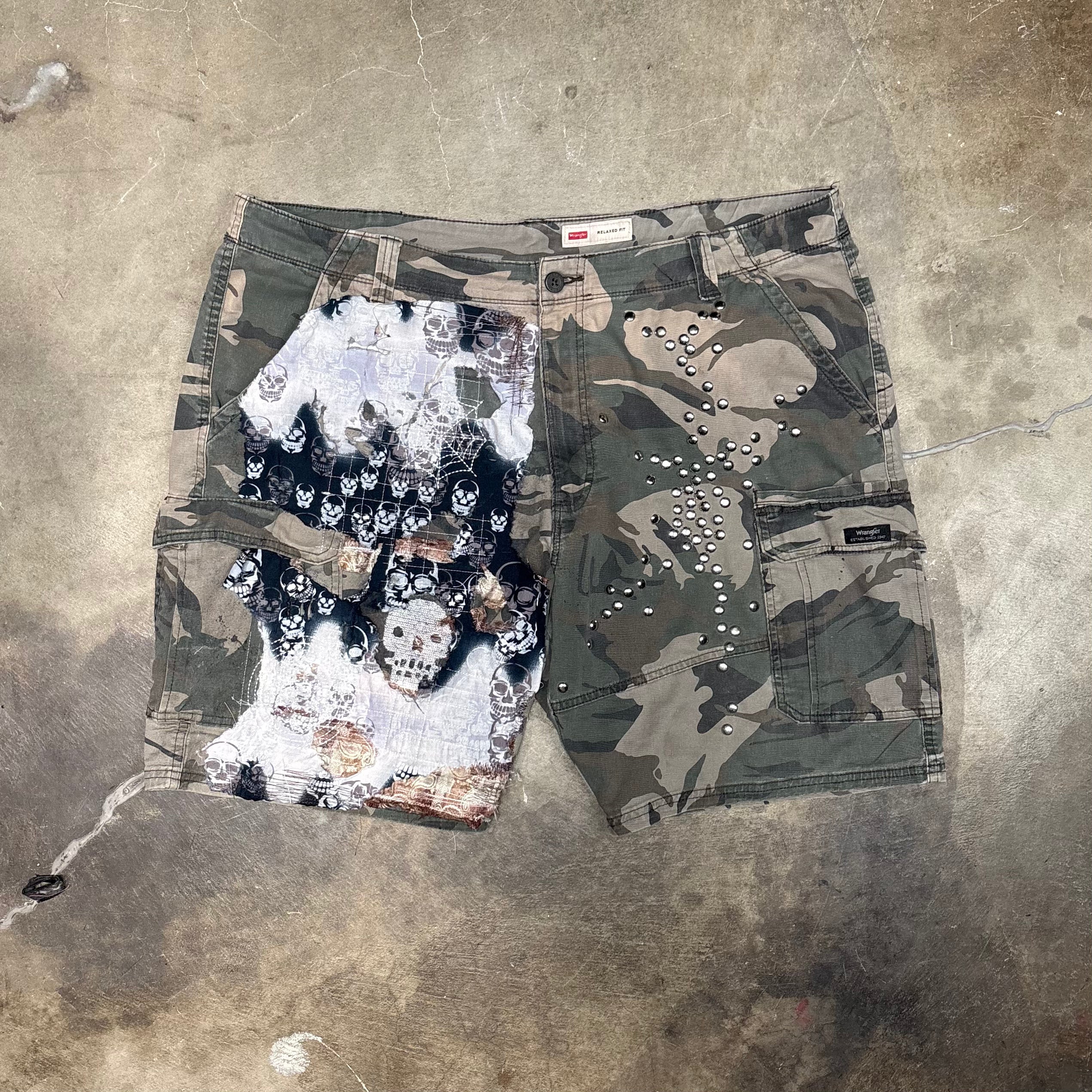 Camo Sashiko Boro Studded Shorts (38)