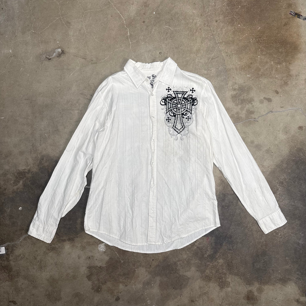 Raw State Gothic Cross Graphic Button Down Shirt (XXL)